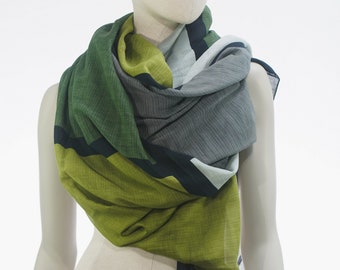 Damenschal chic elegantes Tuch Baumwolle + Seide grün grau mehrfarbig große Karos Frühling Sommer