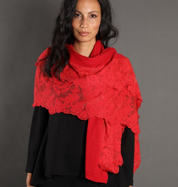 Buy Elegant Ladies Fine Knit Pashmina Scarf Red French Lace Handmade Evening Shawl Wrap Online in India Etsy