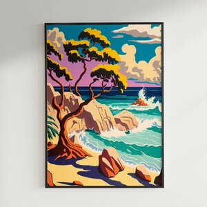 Retro Kolorowy Krajobraz Plaży Wydrukuj Sztukę Pobierz | Wydrukuj Dekorację Ścienną | Wydrukuj Sztukę Ścienną | Wydruki Artystyczne | Krajobraz Plaży Kalifornii