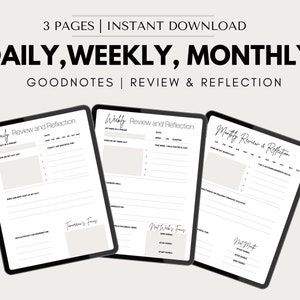 Digital Daily Reflections, Weekly Reflection Journal, Monthly Review Worksheet, Gratitude Journal, Weekly Review, Goodnotes