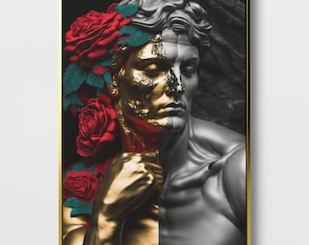 Antique sculpture with roses in gold and silver, modern canvas picture, wall art, canvas, large XXL wall art