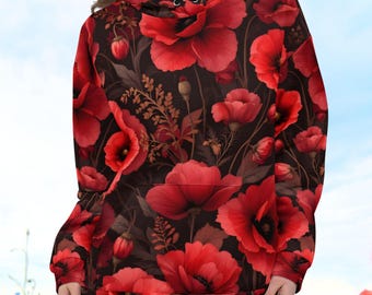 Red Poppy Hoodie for Women or Men, Floral Unisex Hooded Sweatshirt, Bold Flower All Over Pullover with Hood, Field Flowers Nature Lovers Top