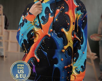 Levendige hoodie met verfspatten, artistieke sfeer, gedurfde abstracte veelkleurige sweater met capuchon, kleding voor kunststudentencolleges voor mannen en vrouwen