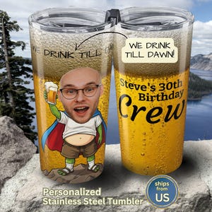 Custom Face Photo Birthday Beer Pint Tumbler 20oz, Personalized Milestone Half Litre Beer Travel Cup, Backpacker Camping Hiking Drinks Gift