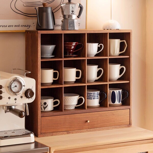 Scaffale in legno dalla forma speciale con cassetto, portaoggetti per tazze da tè e caffè, portabicchieri da tè e caffè, scaffale da cucina, bar, scatola per scaffali da scrivania