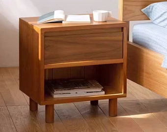 Midcentury Modern Wooden Bedside Table with Drawers. Stylish and Durable Nightstand for Your Dream Bedroom,  Walnut Cherry Nightstand Shelf