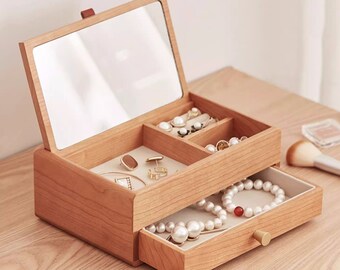 Massief beukenhout Desktop Sieraden Organizer met spiegel, Sieradenhouder Plank, Kettingorganisator, Oorbelhouder, Ringhouder, Cadeau voor haar