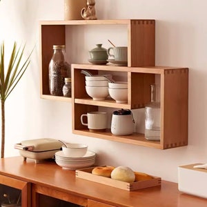 Solid Wood Display Shelf, Rectangular Foating Wall Mounted Shelf, Coffee Tea Mug Cup Holder, Crystals ,Essential Oils,Geometrical Wall Shelf