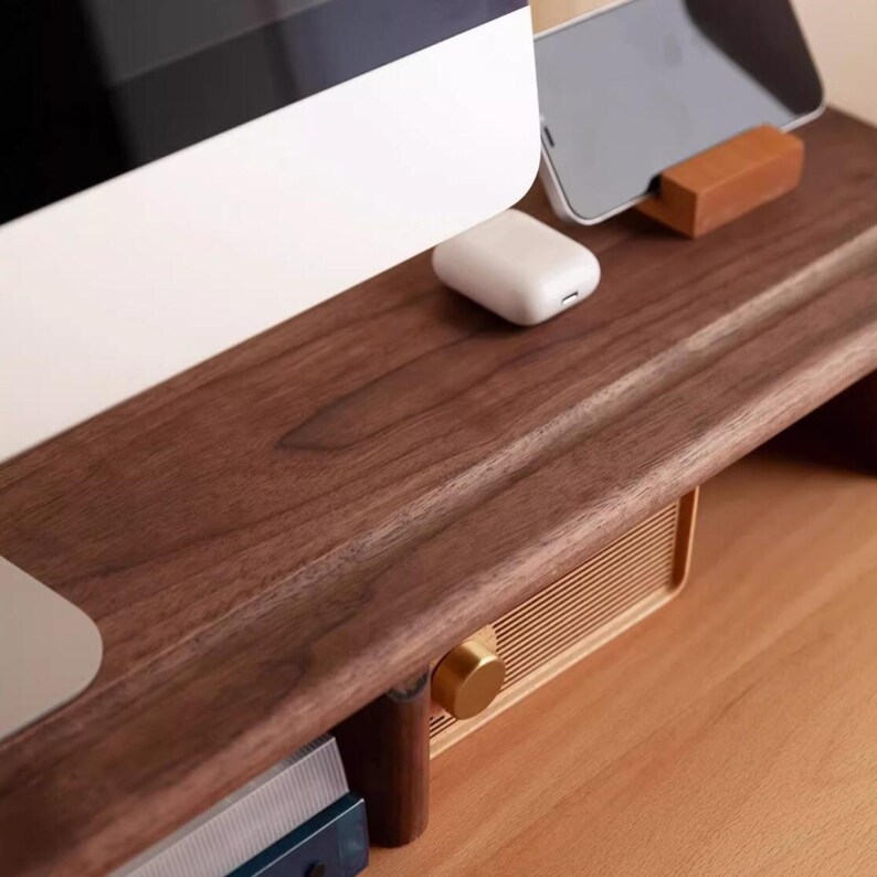 Custom Solid Wood Desk Shelf Monitor Stand with drawer storage, Desk Monitor Riser, Office Desk, Monitor Shelf wooden, Gift for Him Walnut Wood