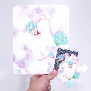 Flower Cloud - Art Print or Art Print & Sticker Set | Semi-Realism Digital Illustration | Cute, Pretty, Handsome Blue Hair Boy with Bouquet