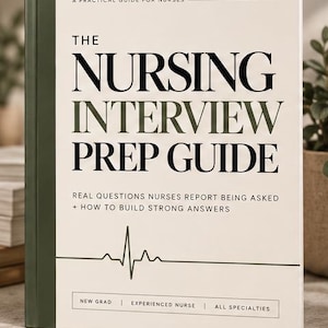 以下が含まれることがあります： クリーム色の表紙とダークグリーンの背表紙を持つThe Nursing Interview Prep Guideというタイトルの本。表紙にはA Practical Guide for Nurses, Real Questions Nurses Report Being Asked + How to Build Strong Answers, New Grad, Experienced Nurse, All Specialtiesと記載されています。