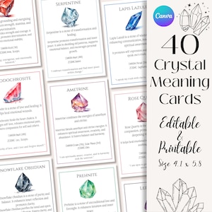 40 Editable Crystal Meaning Cards, Printable Gemstone Meaning Cards, Crystal Charts with Meaning of Crystals, Digital Crystal Cards