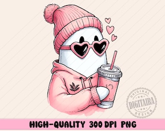 Cute Ghost Drinking Coffee Png, Ghost Ice Coffee png, Halloween Ghost Png, Ghost Png, Stay Spooky Png, ice coffee halloween png