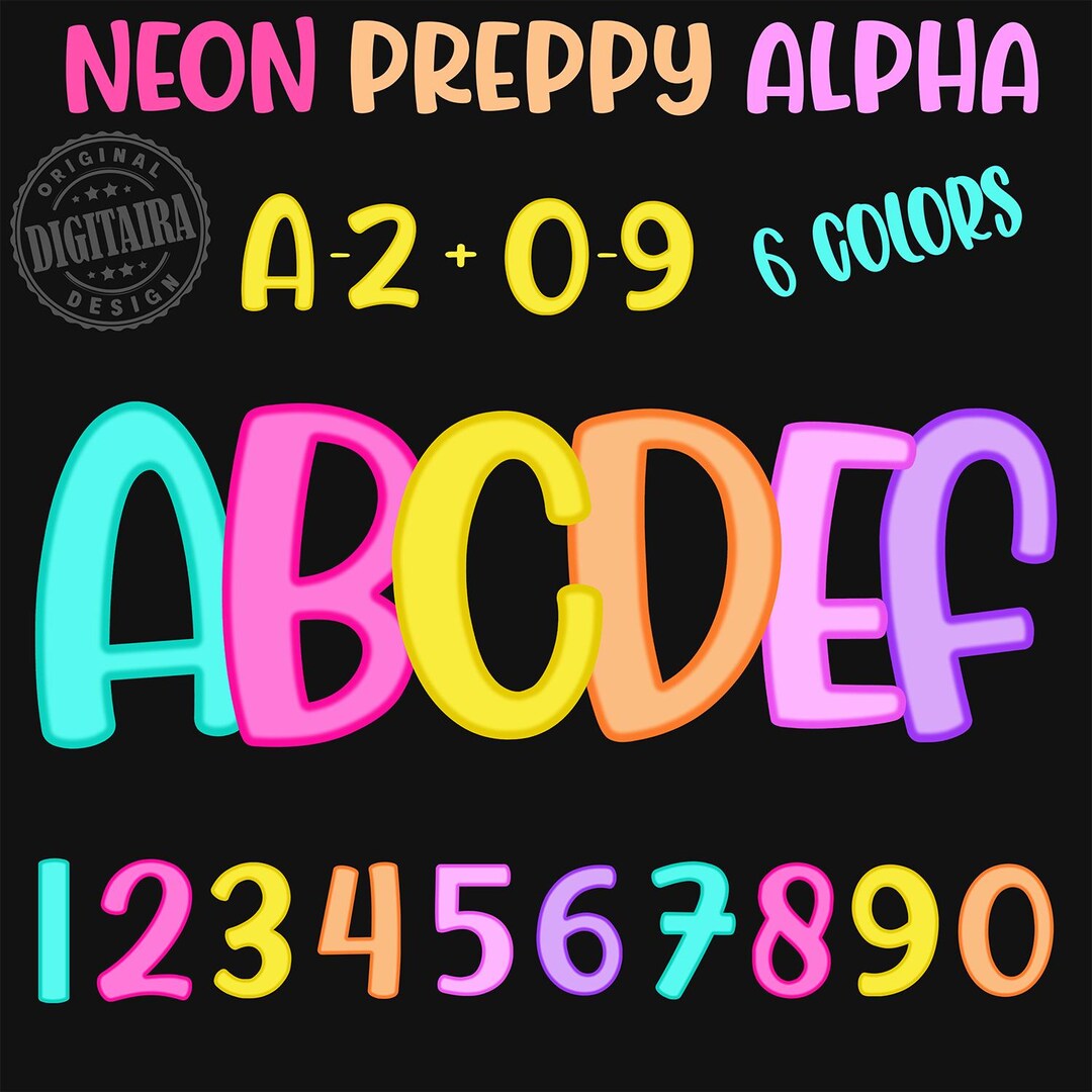 Preppy Letters and Numbers PNG Bundle, Neon Letters Bundle,bright ...