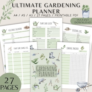 May include: A printable gardening planner with 27 pages. The planner includes sections for a vegetable calendar, plant care guide, seeding log, and sowing tracker. The pages are decorated with watercolor illustrations of gardening tools and plants.