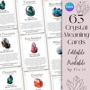 63 Editable Crystal Meaning Cards, Printable Gemstone Meaning Cards, Crystal Charts with Meaning of Crystals, Digital Crystal Cards