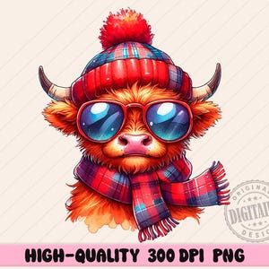 Słodka świąteczna krowa Highland png, Western Christmas png, Highland Cow png, Merry Xmas png, Kokietka png, Estetyczne Boże Narodzenie png