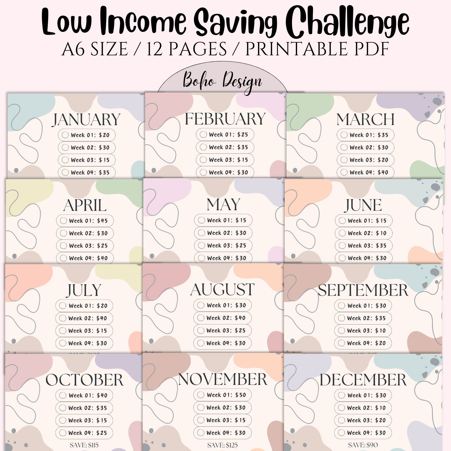 A6 Money Savings Challenge Bundle, Low Income Monthly A6 Money Savings Challenge Bundle, Low Income Monthly
