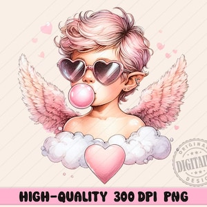 Retro Cupid Valentines Day Blowing Bubble PNG, Vintage Valentines Day png, Funny Cupid With Sunglasses png, Valentines Day png, Cupid png