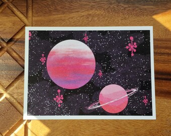 Mid Century Modern Pink Planet Art Print – Retro Atomic Galaxy Decor (A4, 5x7 Matte)