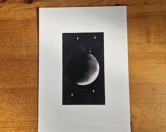 Minimalist Moon Print: Black and White Starry Night, A4 or 5x7 Matt Paper