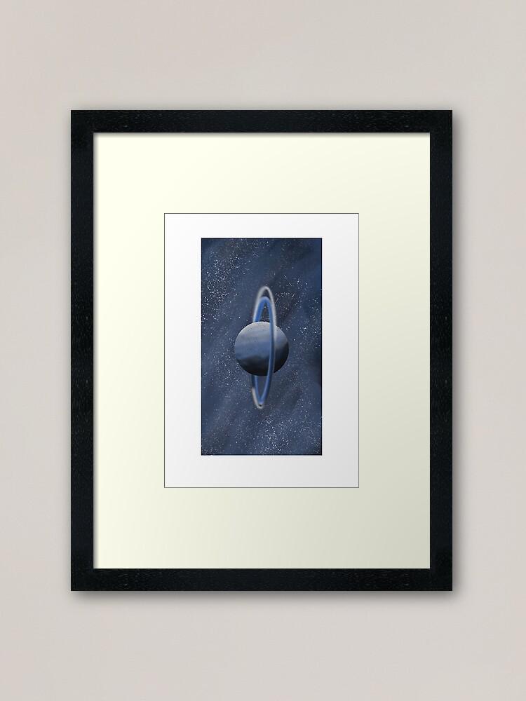May include: A blue planet with a ring around it, set against a dark blue starry background.