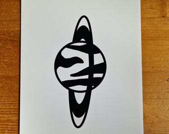 Abstracte planeetkunstdruk: modern zwart-wit, minimalistisch decor A4 of 5 x 7
