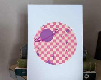 Roze planeet geruite print – 5 x 7 kunstafdruk