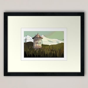 Lámina artística de Gravity Falls / Ilustración de paisaje A4 / Arte mural de dibujos animados / Decoración de cabaña misteriosa / Regalo geek / Envío gratuito al Reino Unido