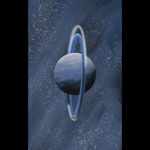 May include: A blue planet with a ring system in a dark blue space with white stars.