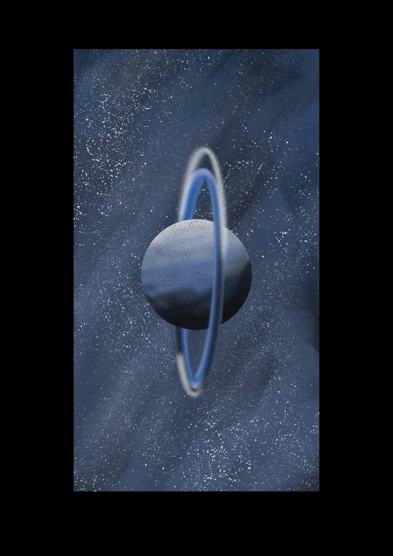 May include: A blue planet with a ring system in a dark blue space with white stars.