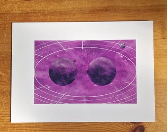 Abstract Moon Art Print: Contemporary Virgo Constellation, Purple Space A4 or 5x7 poster (NO AI USED)