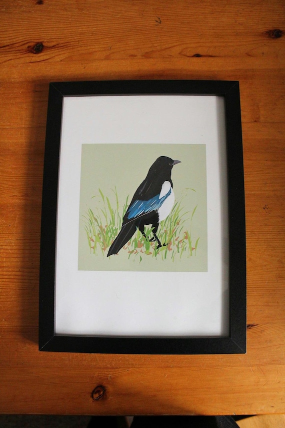 Vibrant Magpie Illustration Print - A4 or 5x7 Landscape Artwork with Bohemian minimalist.