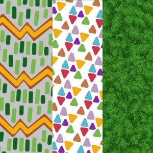 May include: Three different seamless patterns. The first pattern is a light gray background with green and yellow geometric shapes. The second pattern is a white background with colorful triangles. The third pattern is a green background with green leaves.