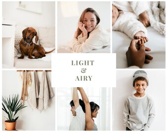 Puede incluir: Un collage de imágenes con una variedad de personas y objetos, incluyendo un perro, un bebé, una pareja haciendo yoga, un niño pequeño y una mujer sonriendo. El texto "LIGHT & AIRY" se muestra en el centro del collage.