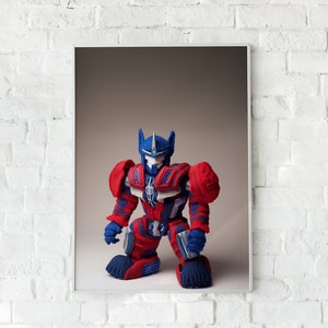 May include: A red and blue knitted robot toy in the style of Optimus Prime, a popular character from the Transformers franchise.