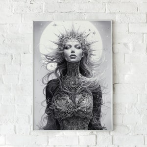 May include: A black and white illustration of a woman with a crown of thorns and a detailed, intricate design on her body. The background is a soft gray with a white circle.