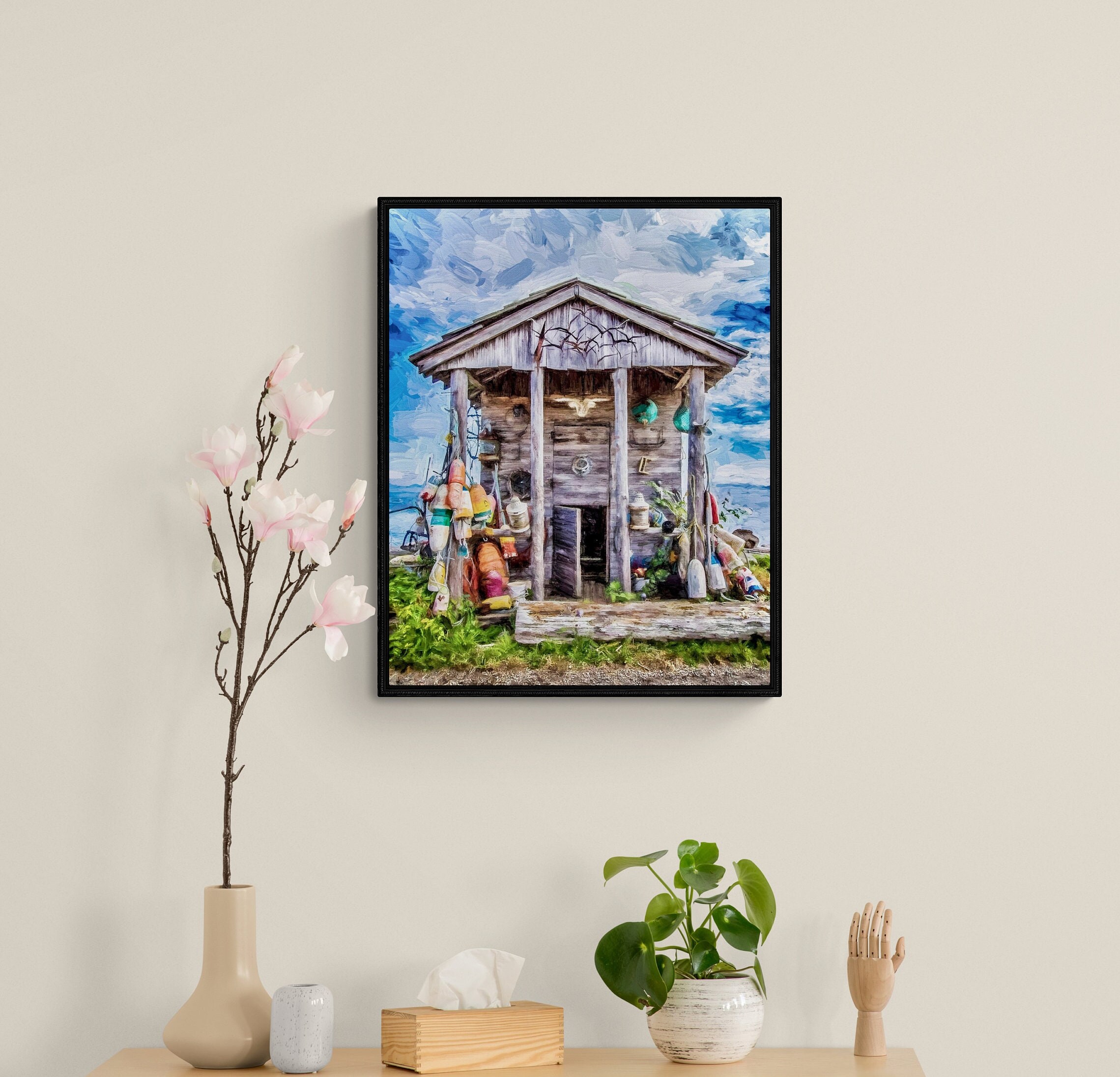 Seaside Fishing Shack Wall Art, Blue and Green Home Decor, Beach Living