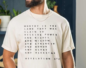 Worthy Is the Lamb T-shirt | Revelation 5:12 Shirt, Jesus Tee, Worship Tshirt, Church Tee, Grid Text Christian Tee, Unique Gift for Believer