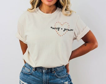 Mercy + Grace Bible Verse Crewneck Christian Apparel Minimalist Faith-Based Clothing Comfort Colors Scripture T-Shirt Church Worship