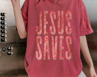 Jesus Saves T-shirt | Red Gospel Shirt Textured Text Tee Red on Red Tshirt Christian Comfort Colors Tshirt Vintage Garment Dyed Salvation T