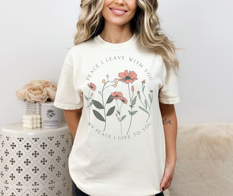 Comfort Colors Peace I Leave With You Tshirt John 14:27 Peace T-shirt Wild Flowers Tee Daisies Minimalistic Bible Verse shirt Scripture Tee in the Ivory Color.