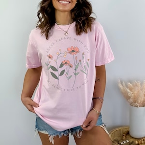 Comfort Colors Peace I Leave With You Tshirt John 14:27 Peace T-shirt Wild Flowers Tee Daisies Minimalistic Bible Verse shirt Scripture Tee in Blossom (Light Pink).