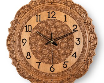 Natural Walnut Clock Home Decor Art Flower Engraving Clock For Living Room Gift For Any Occassion Handmade Kashmiri Wood Grains Art Lovers