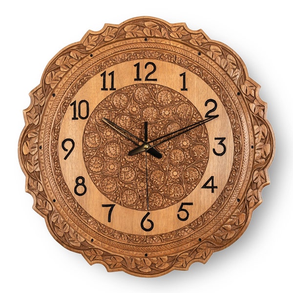 Natural Walnut Clock Home Decor Art Flower Engraving Clock For Living Room Gift For Any Occassion Handmade Kashmiri Wood Grains Art Lovers