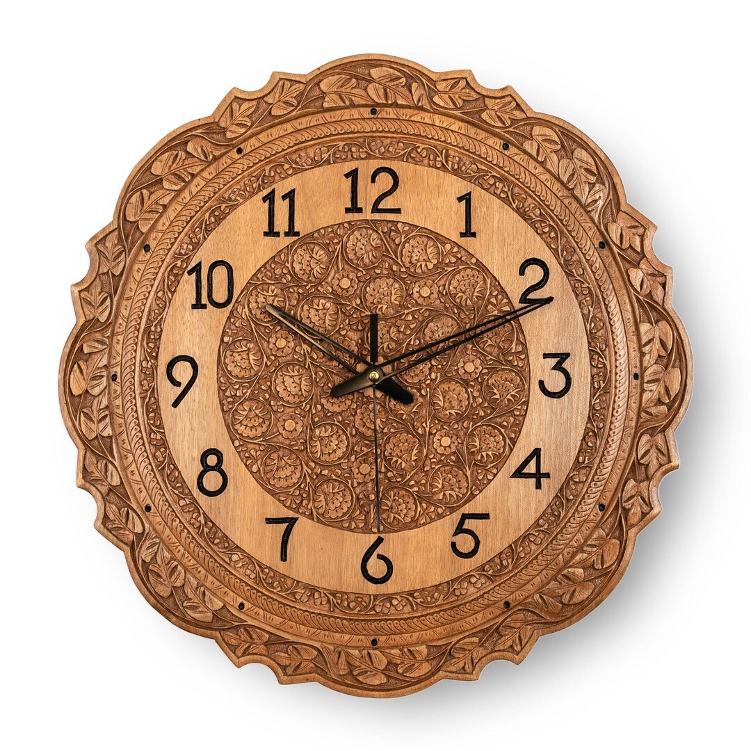 Natural Walnut Clock Home Decor Art Flower Engraving Clock for Etsy