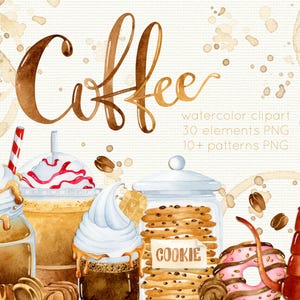 May include: A watercolour illustration with coffee-related imagery. The word "Coffee" is written in a decorative script. The image includes coffee drinks, coffee beans, a coffee grinder, cookies, and a pink doughnut. The background has coffee stains.