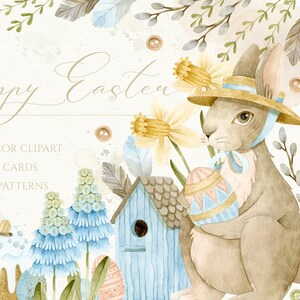 Op de afbeelding: Waterverfillustratie met een Happy Easter-thema. Toont een konijn met een paasei, vogelhuisjes, narcissen en de tekst "Happy Easter". Bevat 32 aquarel cliparts, 6 wenskaarten en 10 naadloze patronen.