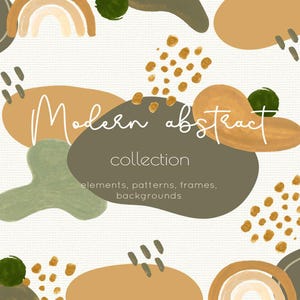 Peut inclure: Illustration numérique avec des formes abstraites dans les tons verts, bruns et beiges, avec le texte "Modern abstract collection". Le design comprend des arcs-en-ciel, des points et des formes organiques.