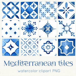 May include: Watercolor clipart of Mediterranean tiles in shades of blue. The tiles feature various geometric and floral patterns. The text "Mediterranean tiles" and "watercolor clipart PNG" are displayed below the tiles.